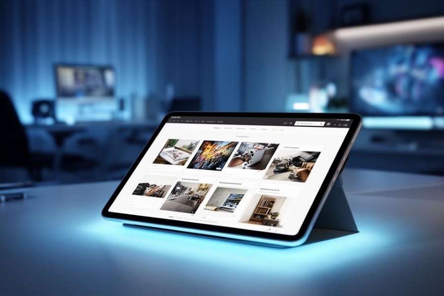 Tablette moderne affichant une galerie de créations personnalisées et livres photo sur un bureau éclairé en bleu.